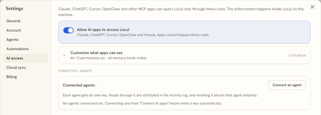 Locul's Settings window on the AI access tab, with the Allow AI apps to access Locul switch turned on and a Customize what apps can see panel