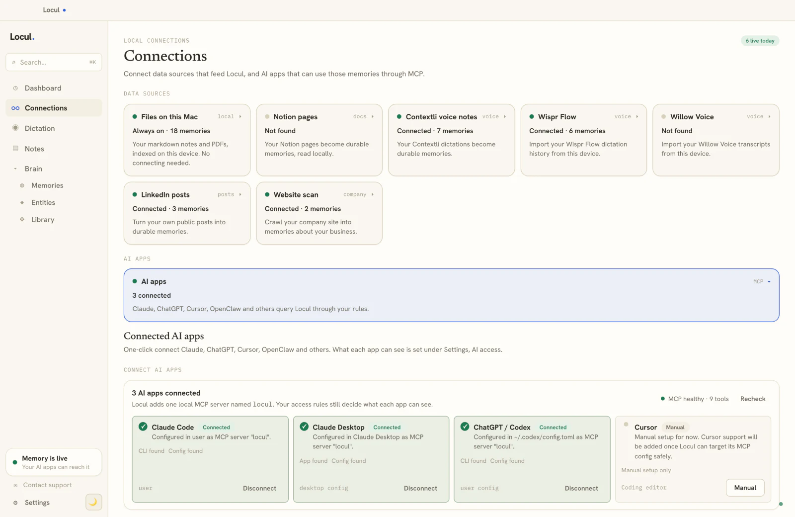 Locul Connections page: Claude Code and Claude Desktop connected to the local MCP server named locul, alongside notes, voice notes, LinkedIn and website sources