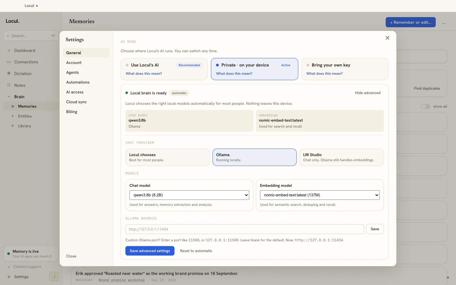 Locul settings in Private mode: qwen3:8b for chat and nomic-embed-text for search, both running on Ollama on the same machine